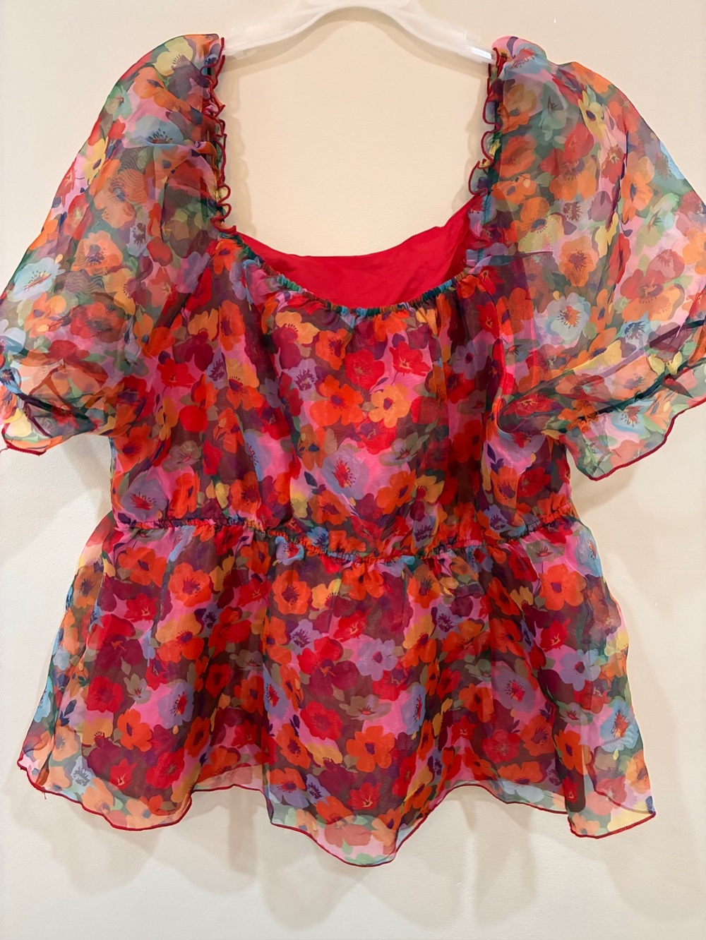 SHEIN Curve Sheer Floral Puff-Sleeve Peplum Top - Red Floral